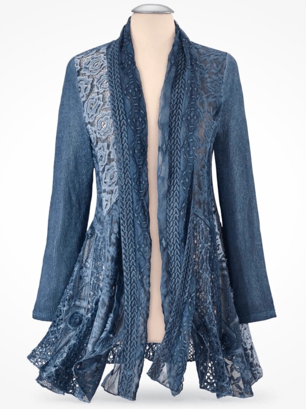 The Pyramid Collection Sz M Blue Lace Boho Artsy Open Front Duster Cardigan NWOT